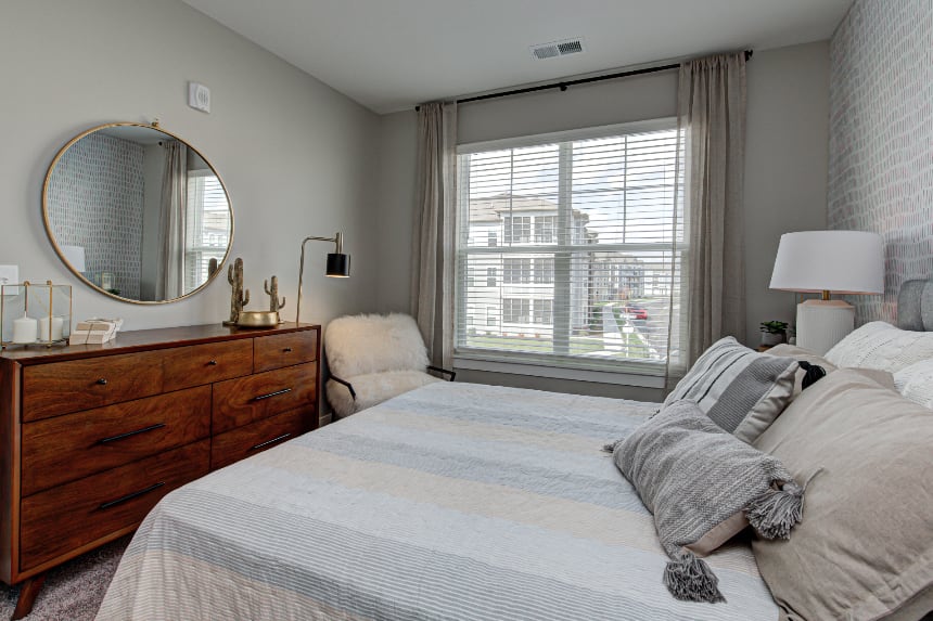 Model bedroom in Indianapolis apartment